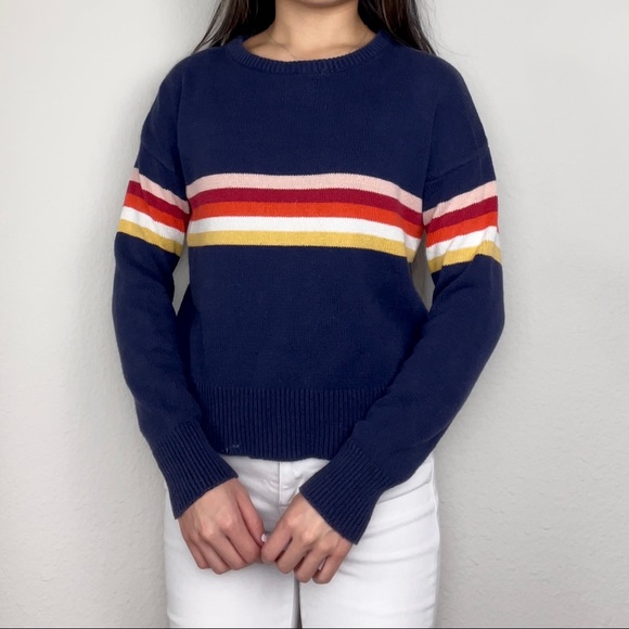 Dark Navy Blue Sunset Chest Striped Knit Crewneck Sweater | Sky & Sparrow - Picture 3 of 8